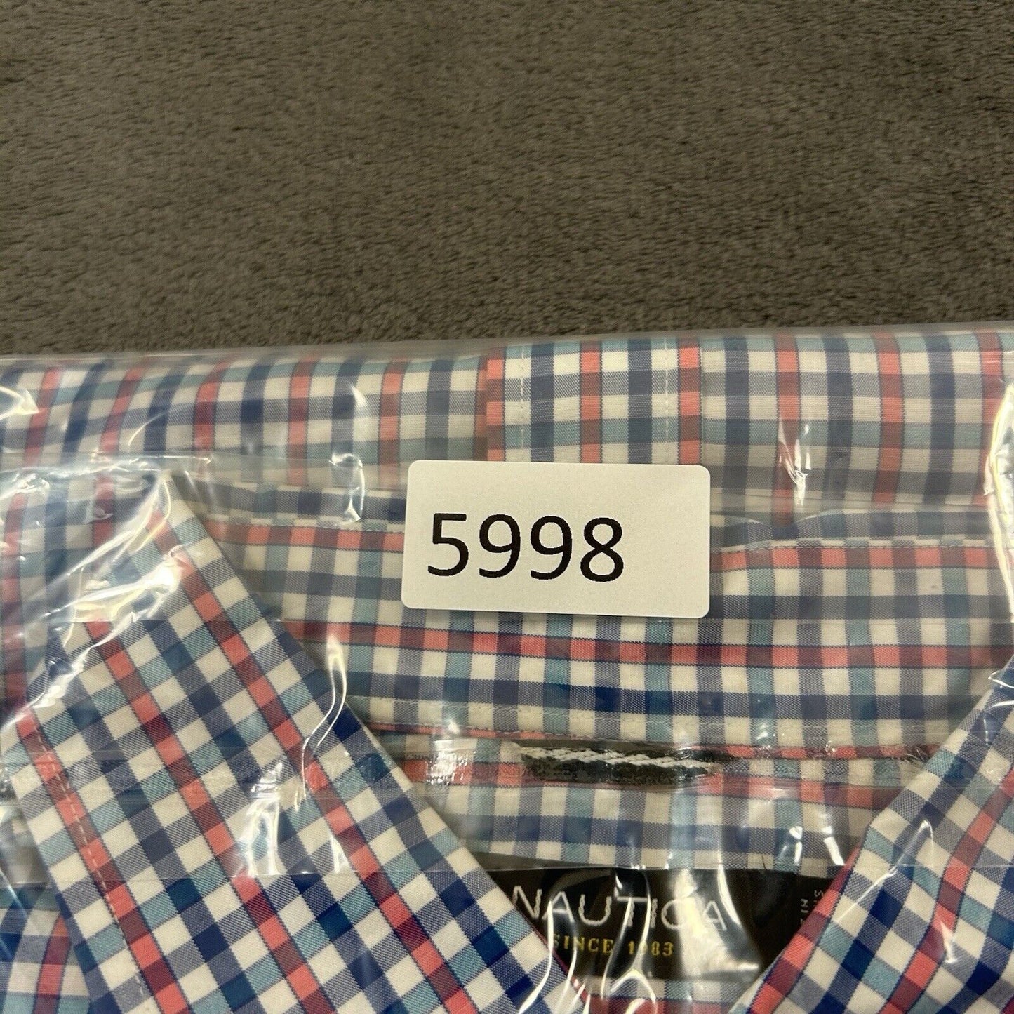 Nautica Shirt Mens Large Pink Blue White Check Button Up Short Sleeve Colorful