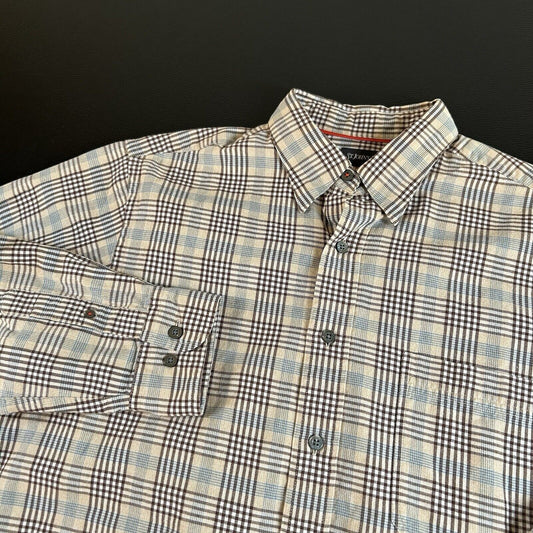 St Johns Bay Shirt Mens Medium Beige Blue Plaid Colorful Button Up Long Sleeve