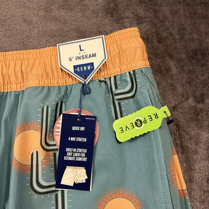 ROWM Swim Shorts Men Large 33" Green Cactus Boardies Quick Dry Drawstring NEW