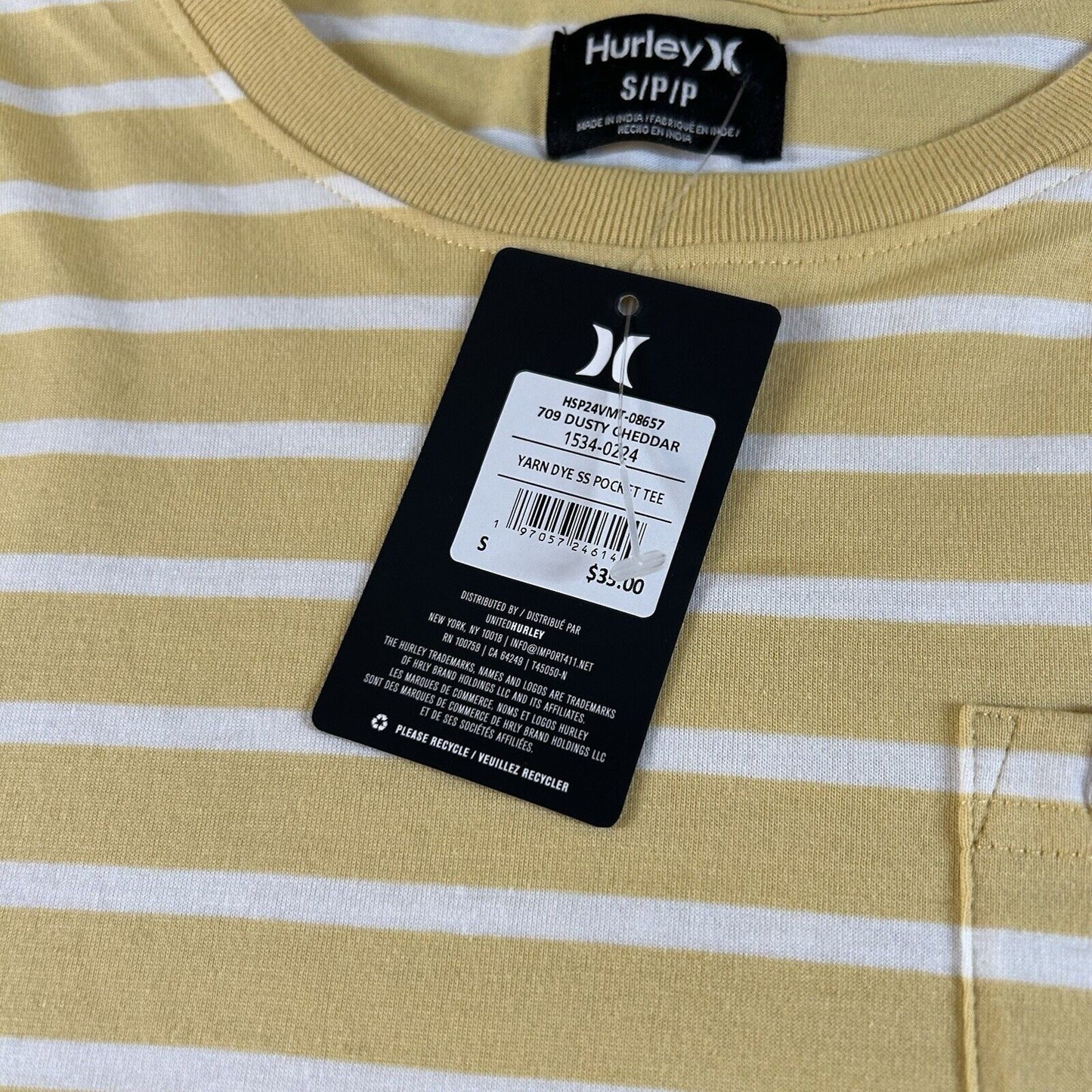 Hurley Shirt Men Small Yellow White Striped Yarn Dye Short Sleeve Pocket Tee New