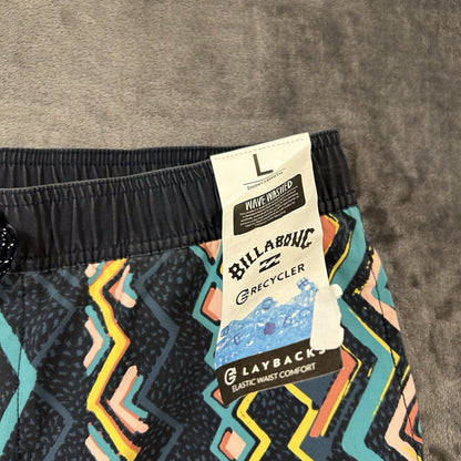 Billabong Board Shorts Mens Large 34" Blue Striped Aztec Hybrid Drawstring NEW