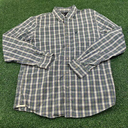 American Eagle Shirt Mens Medium Blue Green Plaid Button Up Long Sleeve Y2K