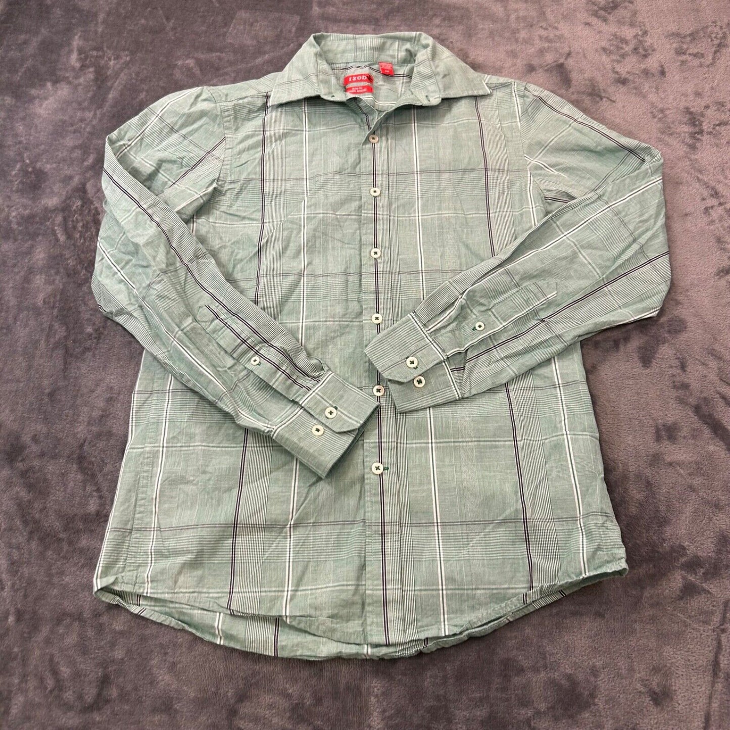 Izod Shirt Mens Small Green Black Plaid Button Up Long Sleeve Work Slim Fit