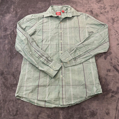 Izod Shirt Mens Small Green Black Plaid Button Up Long Sleeve Work Slim Fit