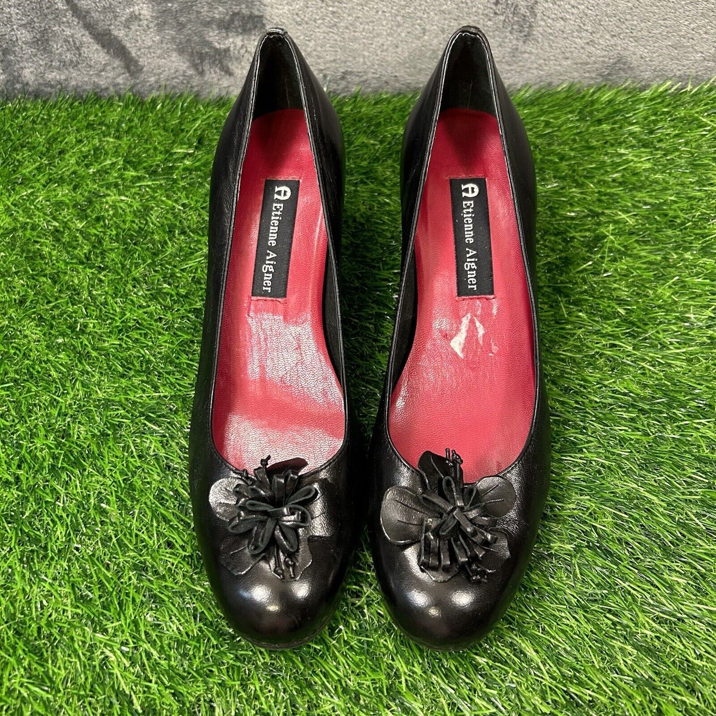 Etienne Aigner Heels Womens 7.5 M Black Pumps Leahter Casual Work Flower Preppy