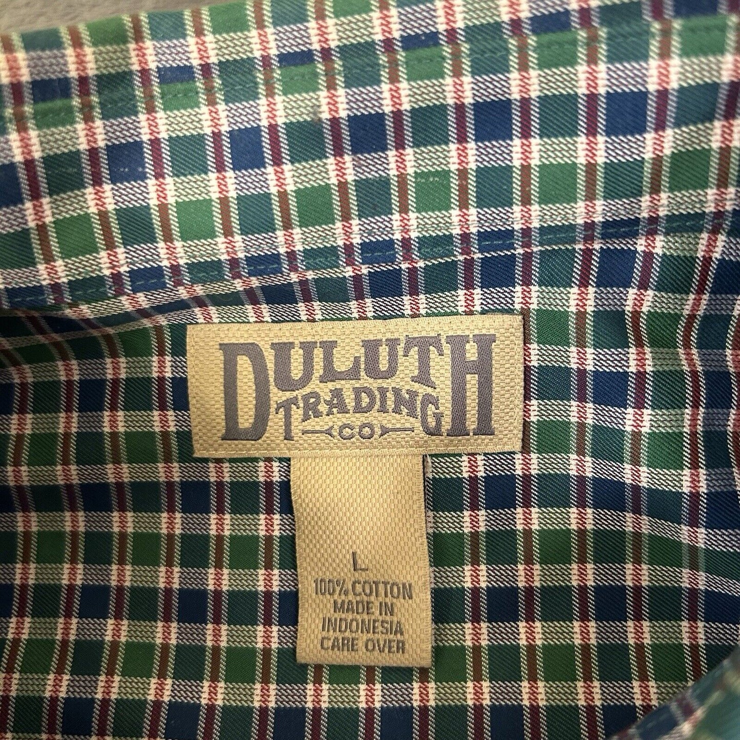 Duluth Trading Shirt Men Large Green Blue Check Button Up Long Sleeve Colorful