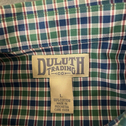 Duluth Trading Shirt Men Large Green Blue Check Button Up Long Sleeve Colorful