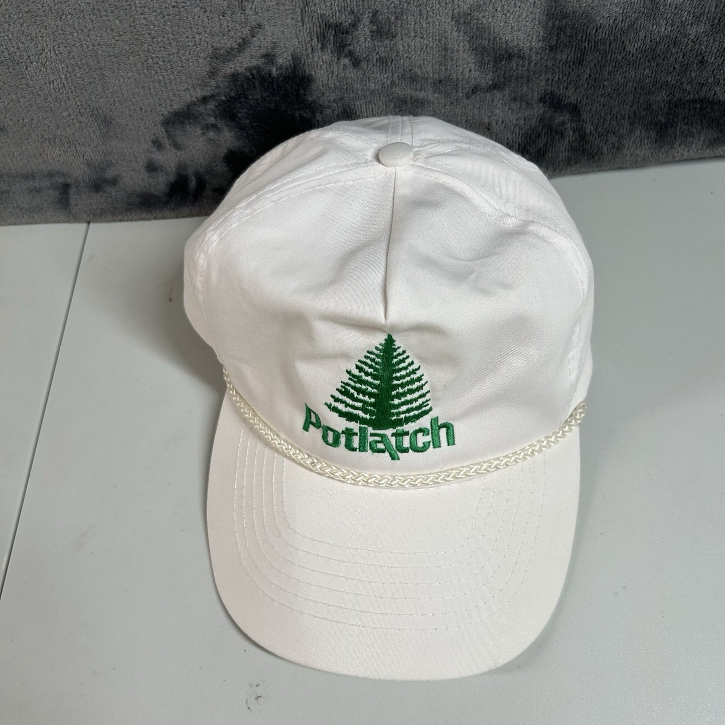Vintage Potlatch Hat Cap Mens Strap Back White Green Rope Otto Cap Adjustable
