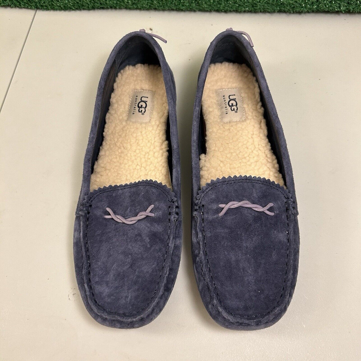 Ugg Ansley Moccasins Womens 10 M Blue Suede Slippers Casual Comfort Fur Warm