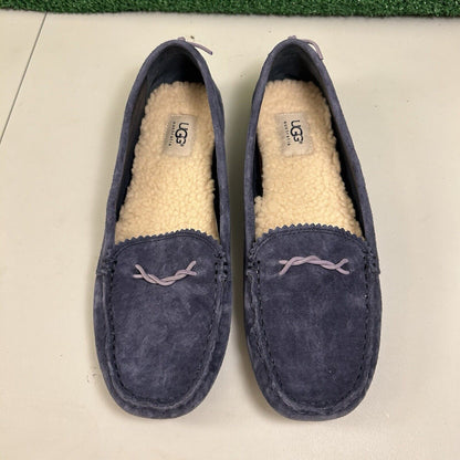 Ugg Ansley Moccasins Womens 10 M Blue Suede Slippers Casual Comfort Fur Warm
