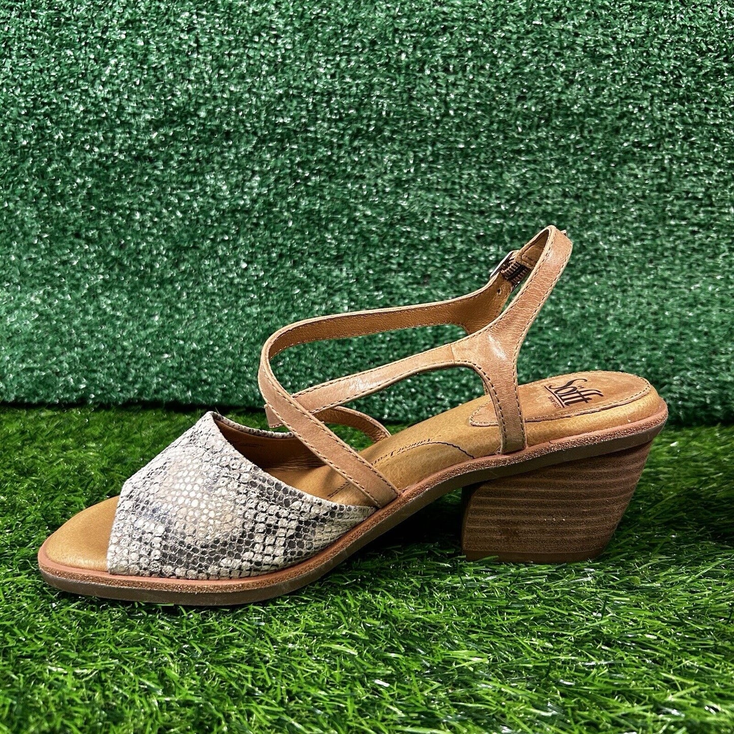 Sofft Piara Sandals Womens 8 M White Brown Leather Snakeskin Ankle Strap Wedge