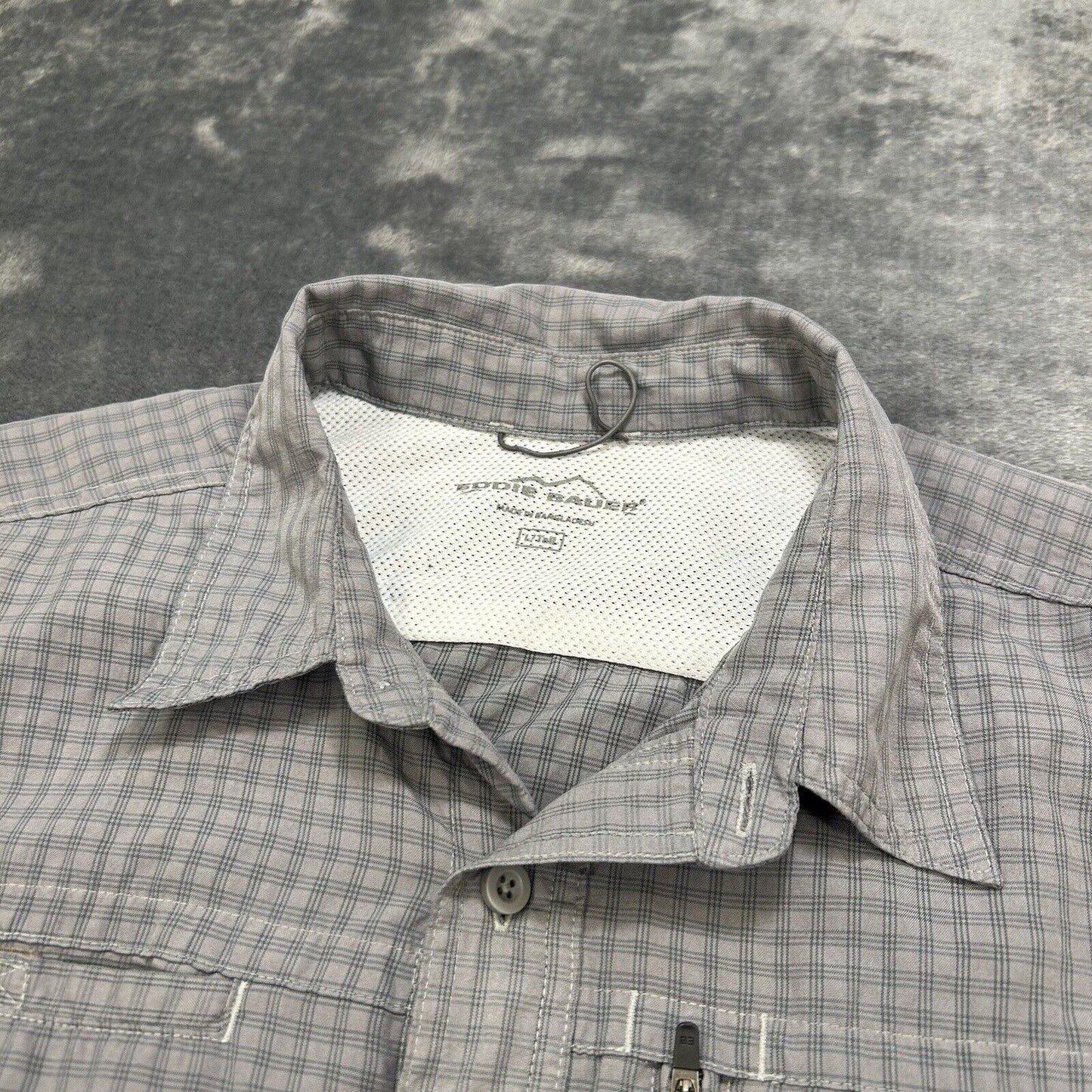 Eddie Bauer Shirt Mens Large Tall LT Gray Plaid Button Up Short Sleeve Pockets