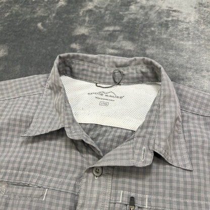 Eddie Bauer Shirt Mens Large Tall LT Gray Plaid Button Up Short Sleeve Pockets