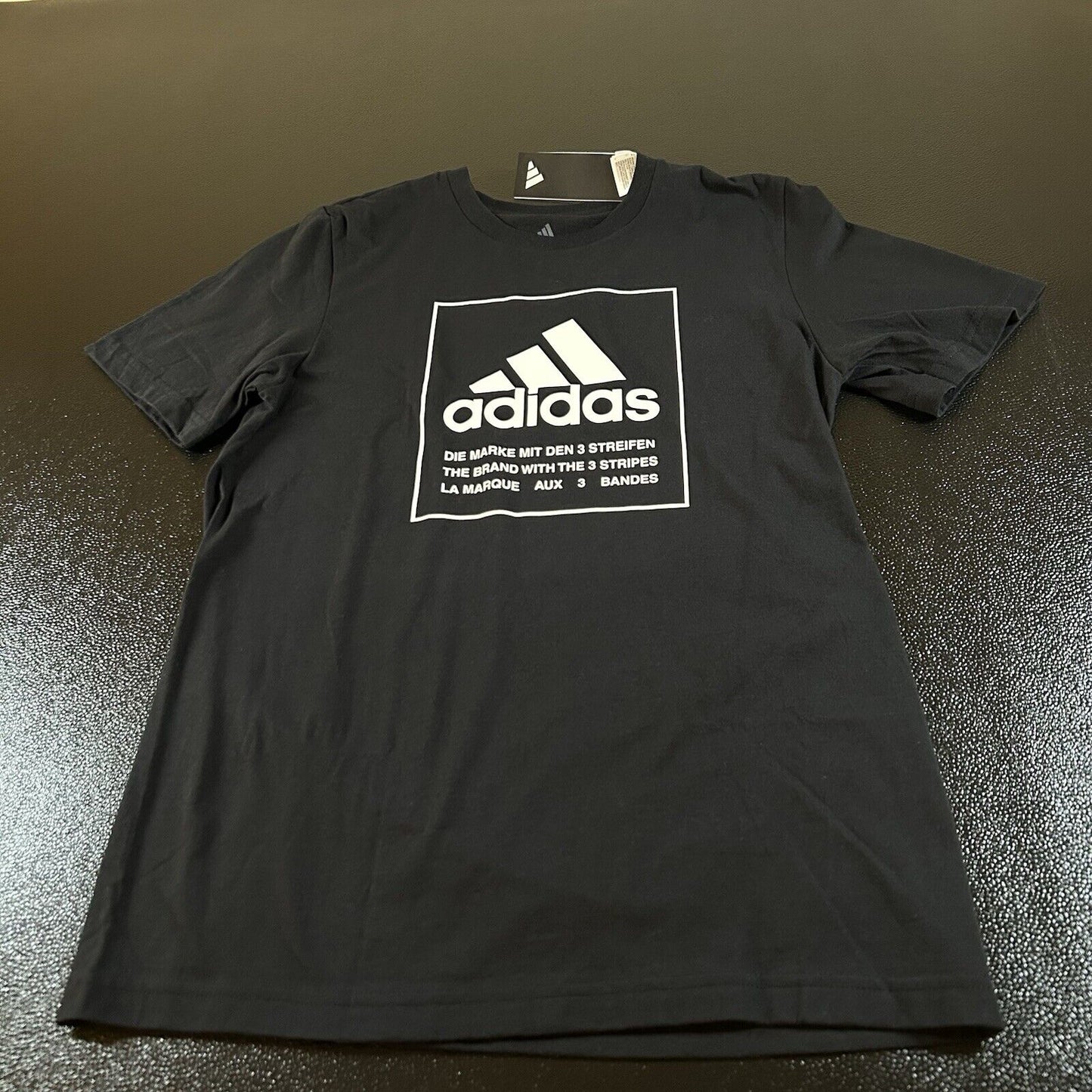 Adidas Shirt Mens Small Black White Box Emblem Short Sleeve Graphic Tee New