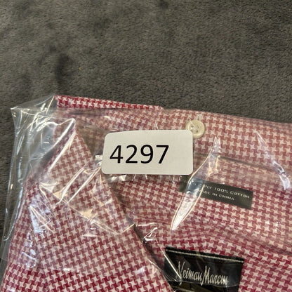 Neiman Marcus Shirt Mens 16.5 32.33 Red White Houndstooth Button Up Long Sleeve