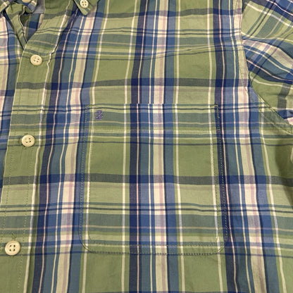 Izod Saltwater Shirt Mens Medium Green Blue Plaid Relaxed Button Up Short Sleeve