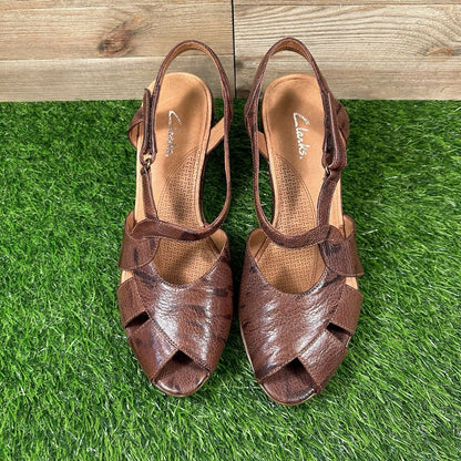 Clarks Eliza Sandals Womens 8 M Brown Slingback Hook & Loop Heeled Peep Toe