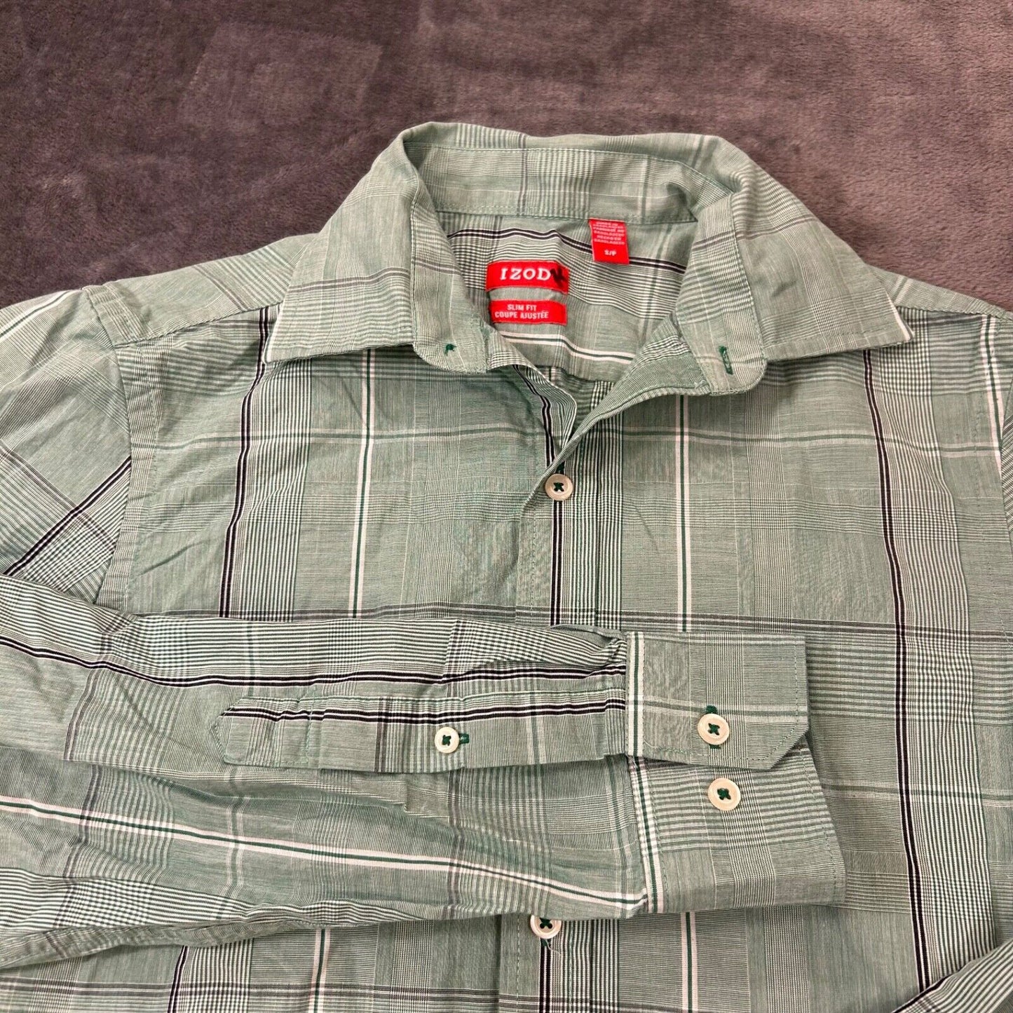 Izod Shirt Mens Small Green Black Plaid Button Up Long Sleeve Work Slim Fit