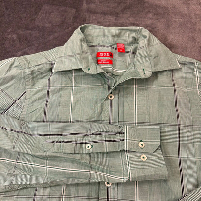 Izod Shirt Mens Small Green Black Plaid Button Up Long Sleeve Work Slim Fit