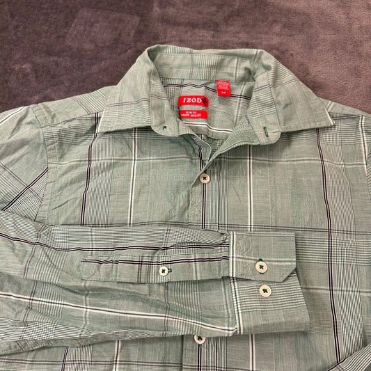 Izod Shirt Mens Small Green Black Plaid Button Up Long Sleeve Work Slim Fit