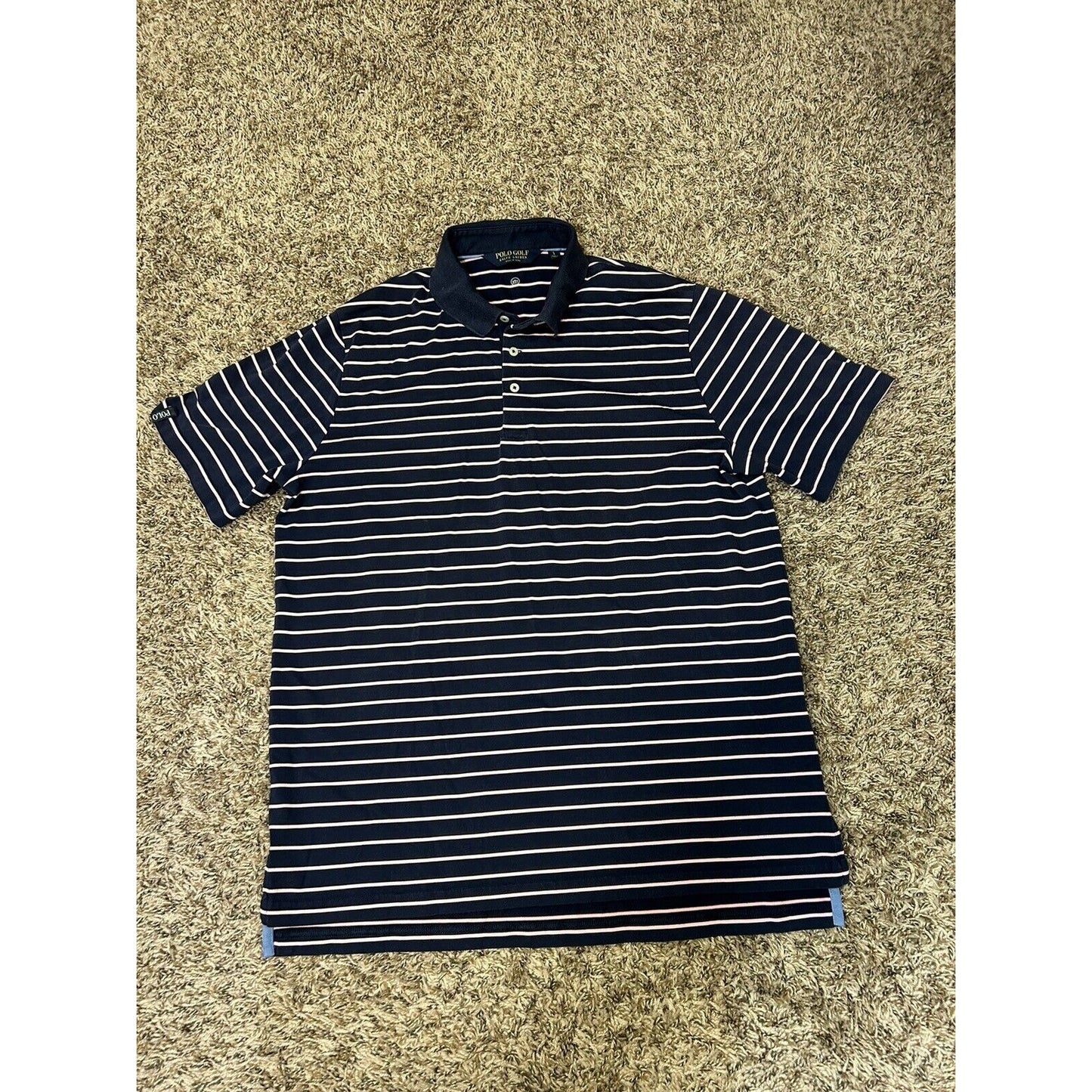 Polo Ralph Lauren Polo Shirt Mens Large Blue Pink Striped Short Sleeve Golf Work