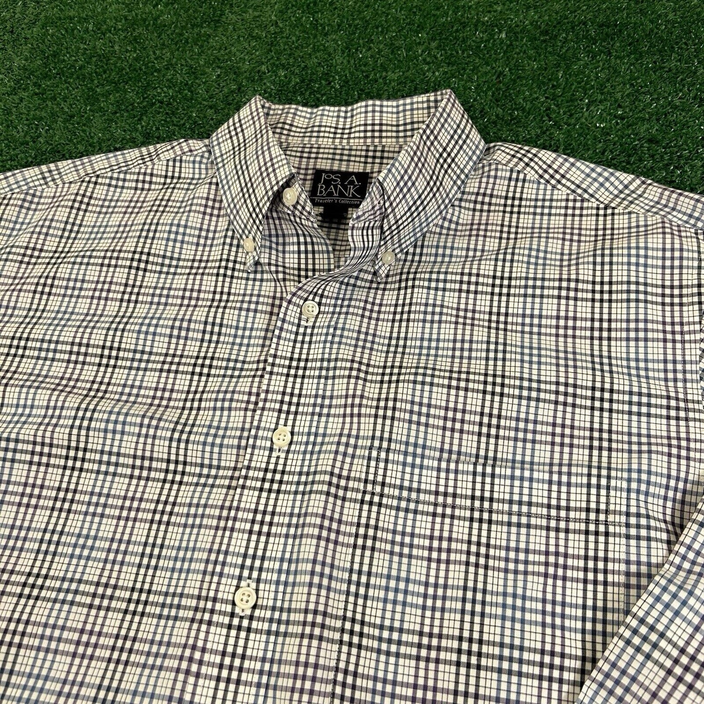 Jos A Bank Shirt Mens Large Blue White Check Button Up Long Sleeve Colorful Work