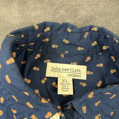 John Bartlett Shirt Mens Extra Large Blue Pineapples Button Up Short Sleeve