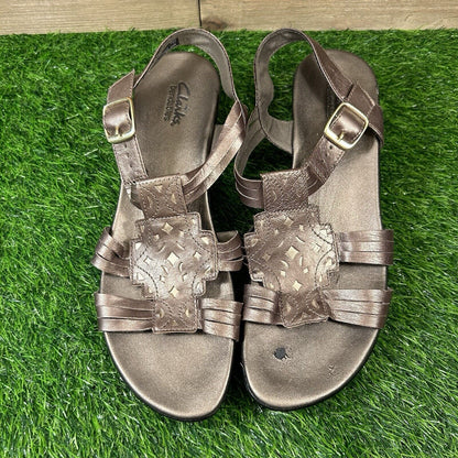 Clarks Bendables Sandals Womens 10 M Bronze Wedge Strappy Leather Open Toe