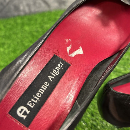 Etienne Aigner Heels Womens 7.5 M Black Pumps Leahter Casual Work Flower Preppy