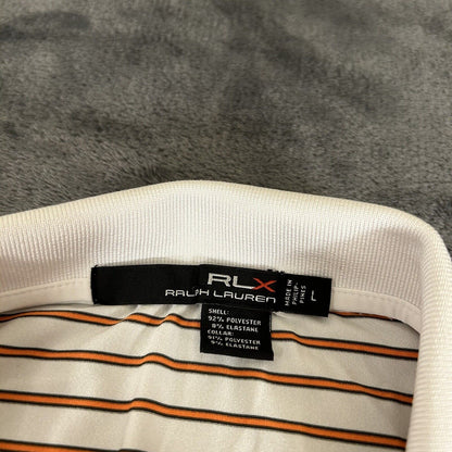 RLX Ralph Lauren Polo Shirt Mens Large White Orange Striped Short Sleeve Golf