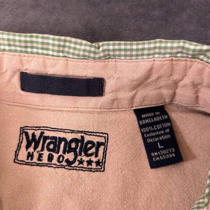 Wrangler Shirt Mens Large Green White Check Button Up Short Sleeve Western