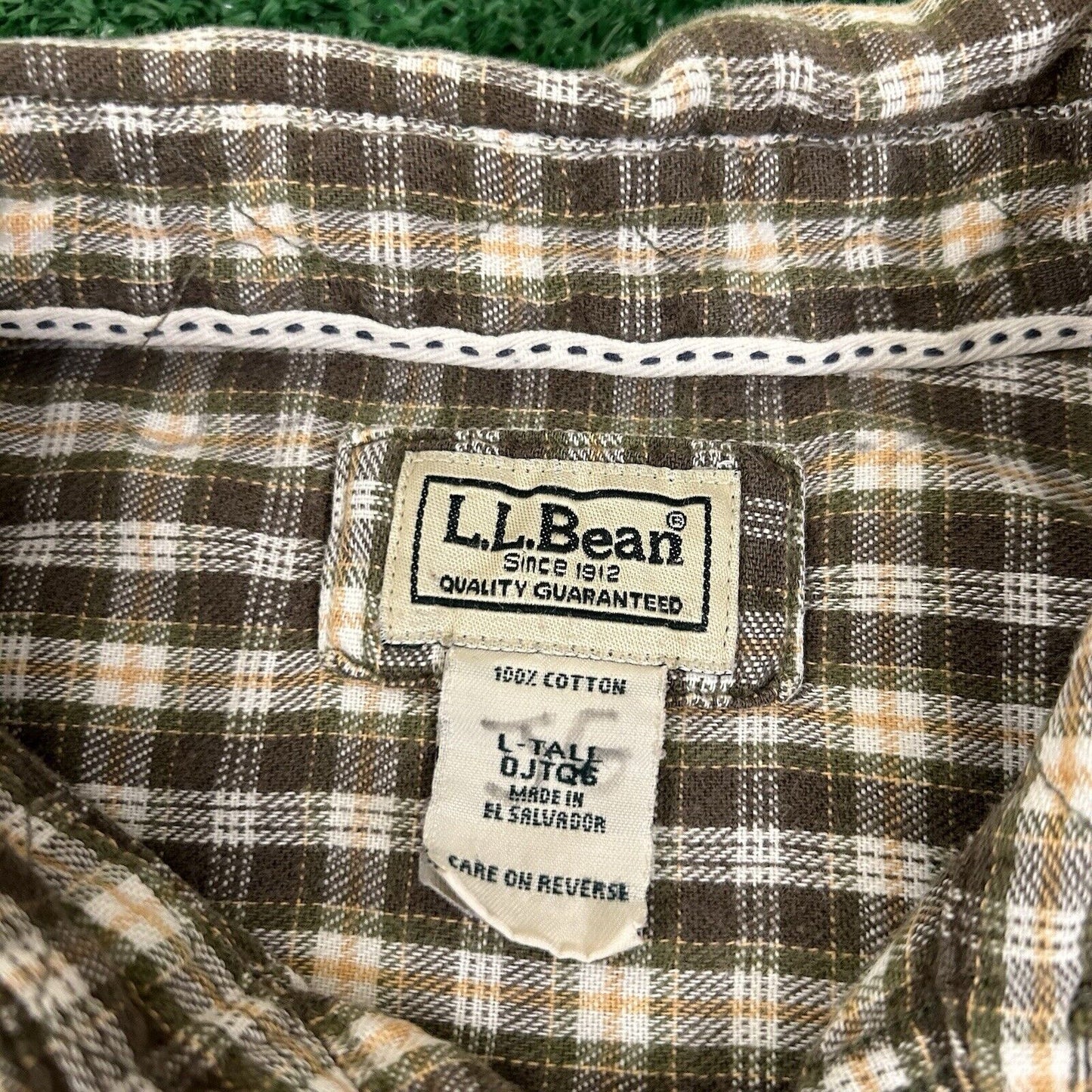 LL Bean Flannel Shirt Men Large Tall Brown Green Plaid Button Up Long Sleeve