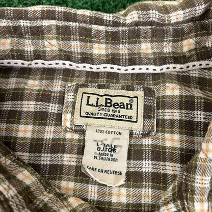LL Bean Flannel Shirt Men Large Tall Brown Green Plaid Button Up Long Sleeve