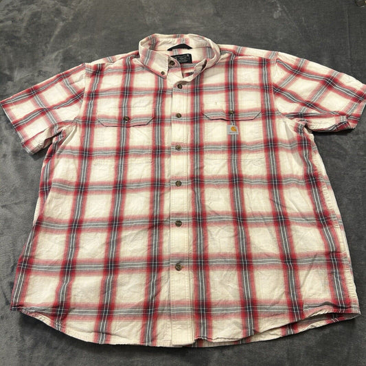 Carhartt Shirt Mens Extra Large White Red Plaid Button Up Short Sleeve Flap