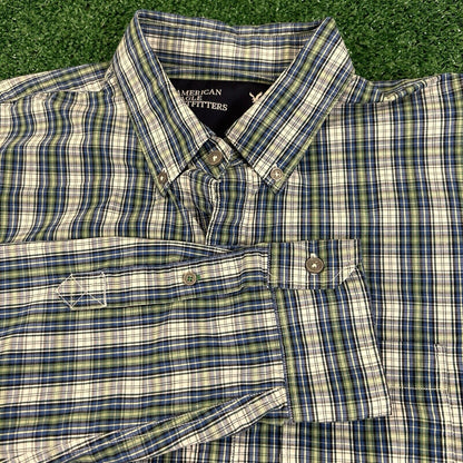 American Eagle Shirt Mens Medium Blue Green Plaid Button Up Long Sleeve Y2K