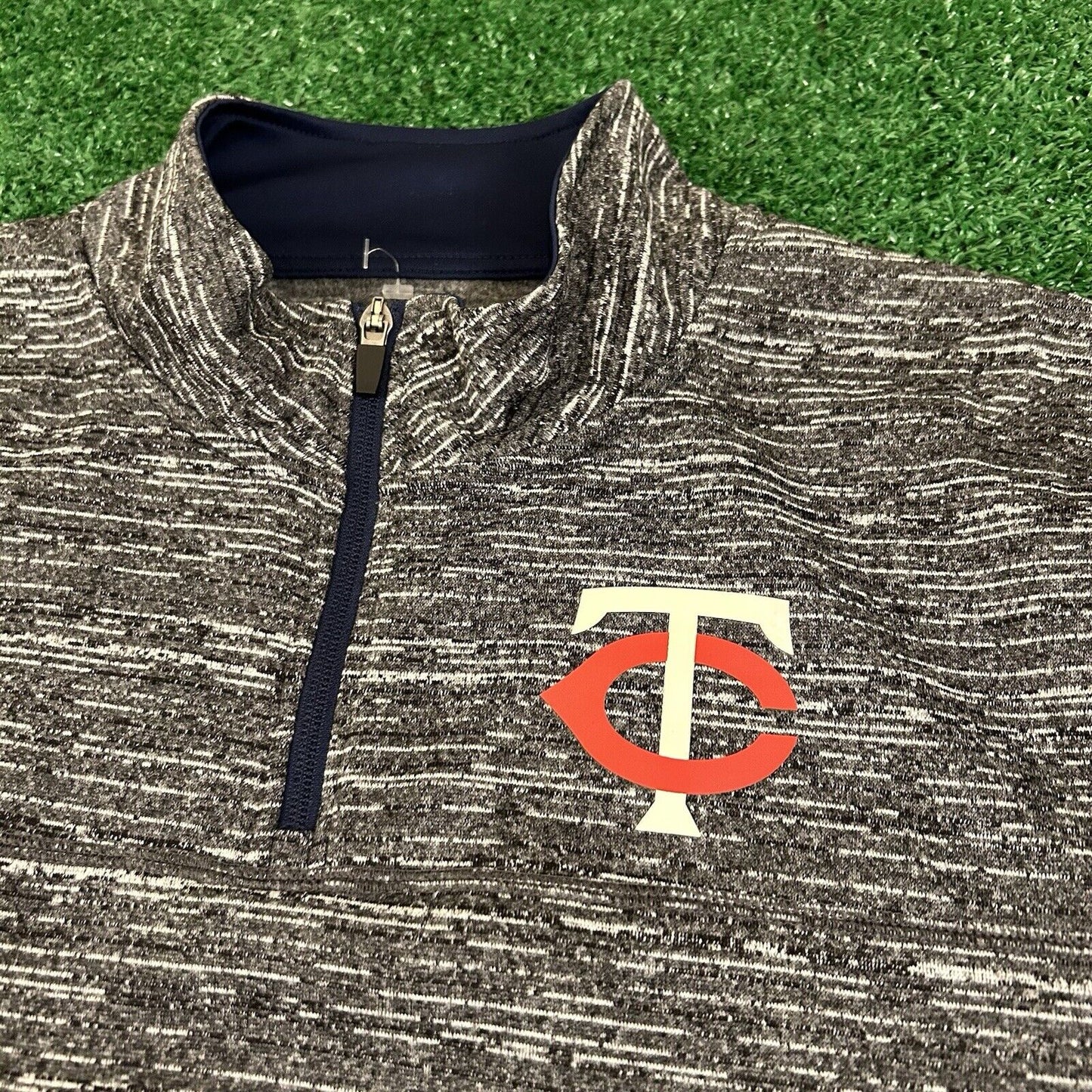 Minnesota Twins Sweater Mens Large Gray Pullover 1/4 Zip Sweatshirt Majestic