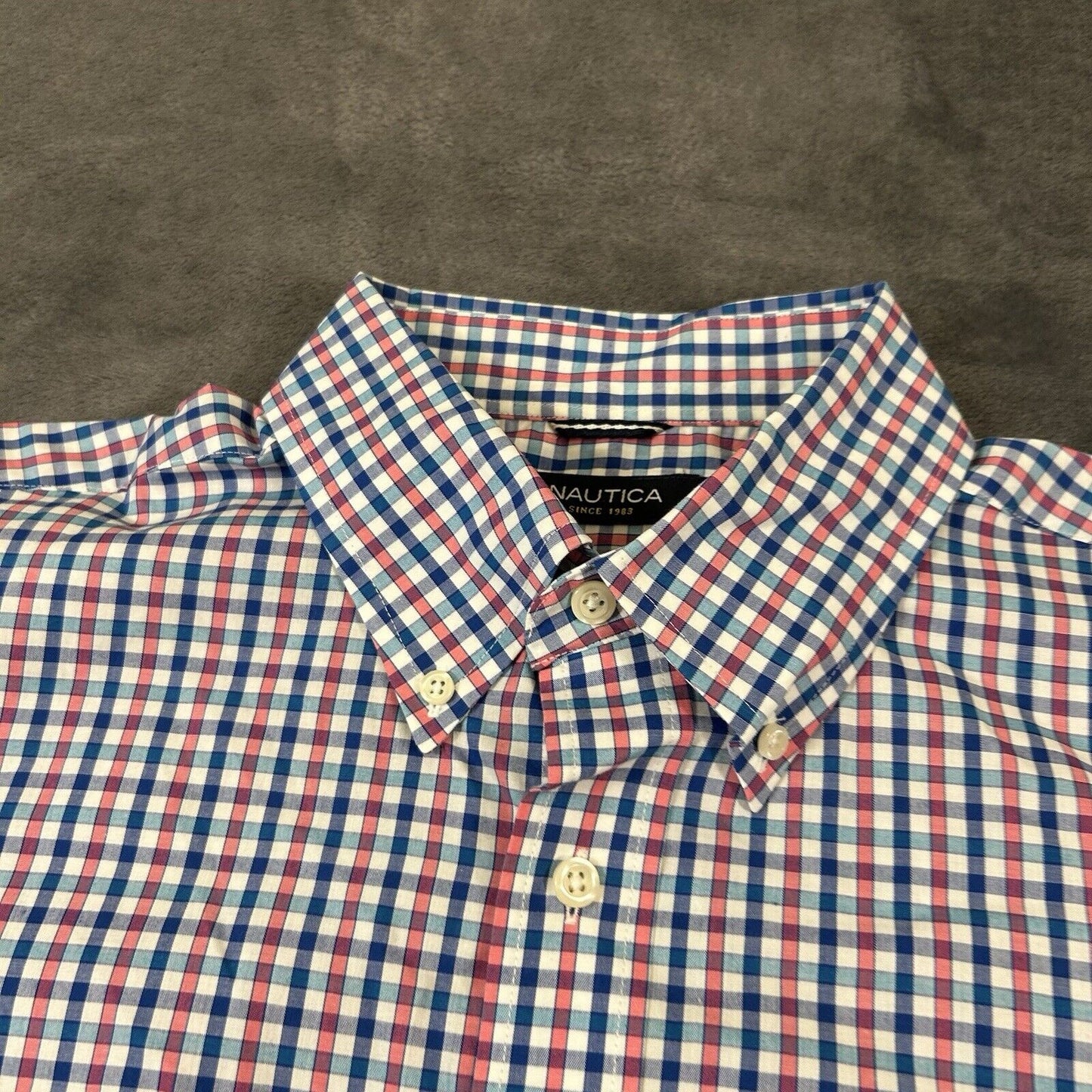 Nautica Shirt Mens Large Pink Blue White Check Button Up Short Sleeve Colorful