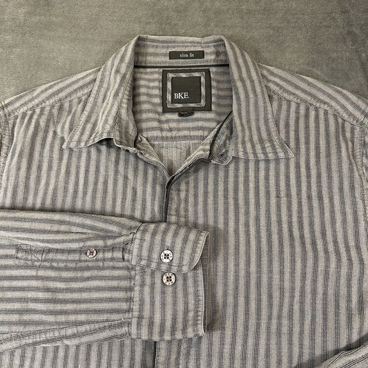 BKE Shirt Mens Extra Large Gray Striped Button Up Long Sleeve Work Slim Fit