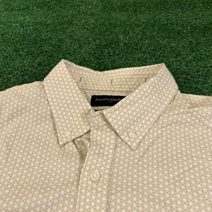 Banana Republic Shirt Mens Large Tall Beige Geometric Button Up Short Sleeve