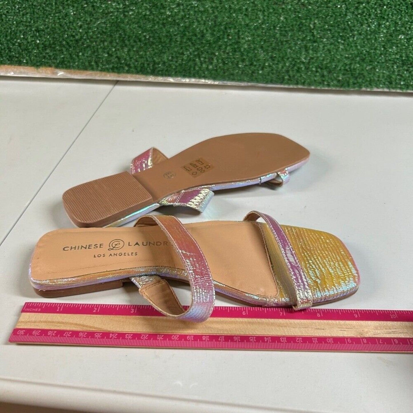 Chinese Laundry Iridescent Pink Slide Sandals Square Toe Two Strap Womens 6.5