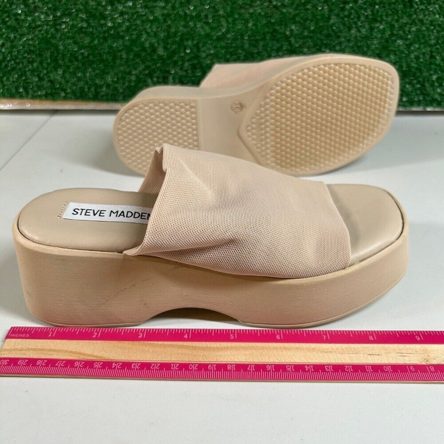 Steve Madden Slinky 30 Platform Sandals Slides Beige Chunky Heel Y2K Womens 6