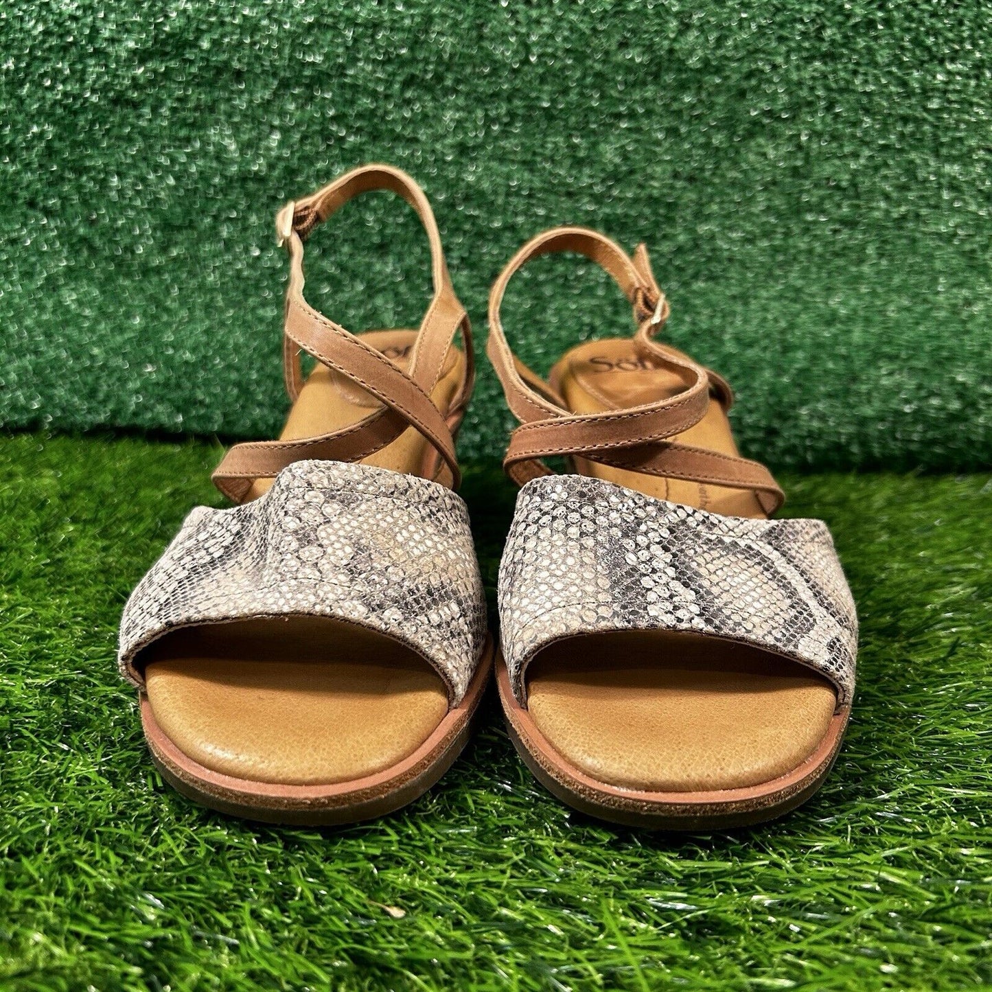 Sofft Piara Sandals Womens 8 M White Brown Leather Snakeskin Ankle Strap Wedge