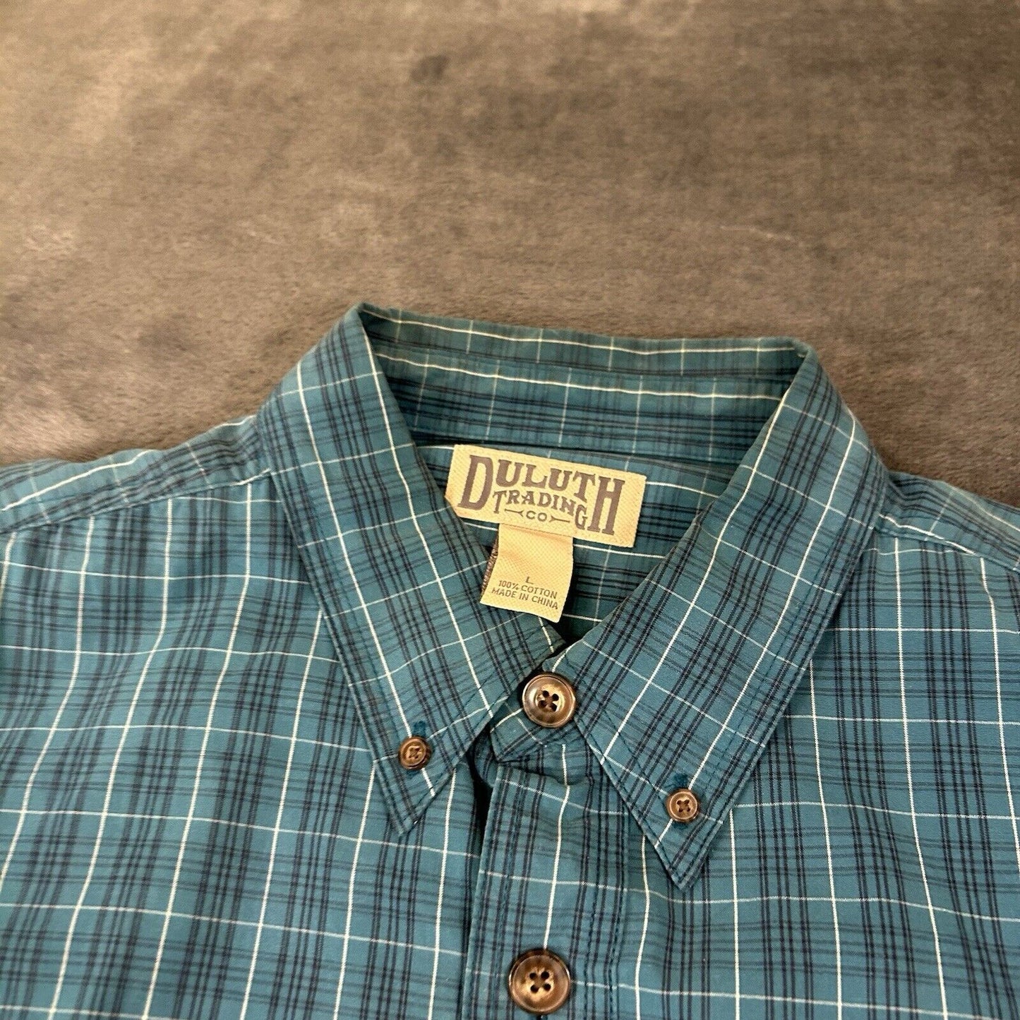 Duluth Trading Shirt Men Large Turquoise Check Preppy Button Up Long Sleeve Work