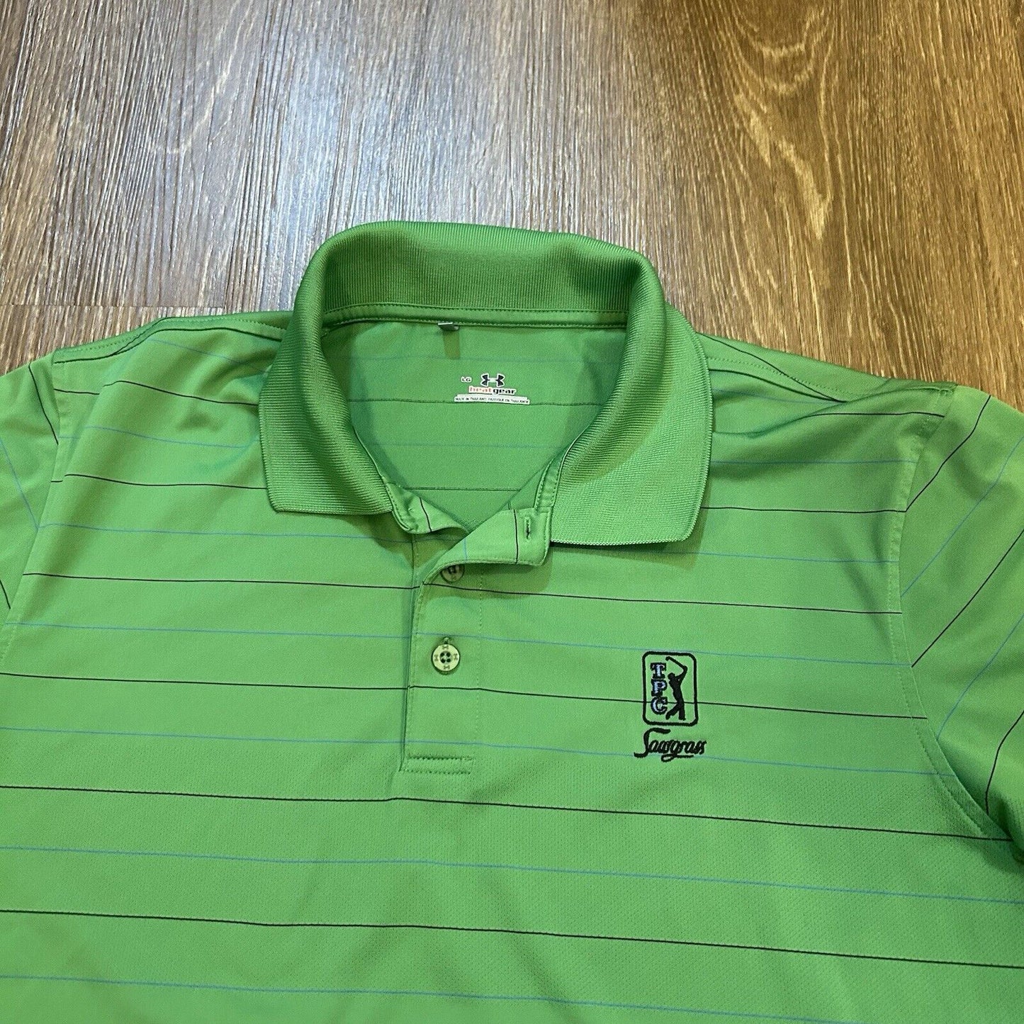 Under Armour Polo Shirt Mens Large Green Striped Heatgear TPC Golf Athletic