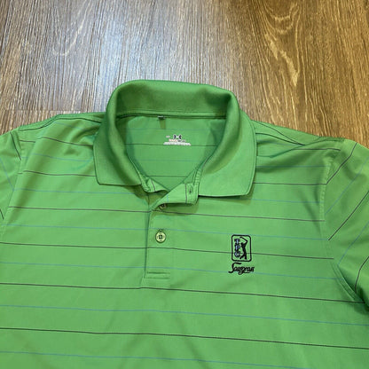 Under Armour Polo Shirt Mens Large Green Striped Heatgear TPC Golf Athletic