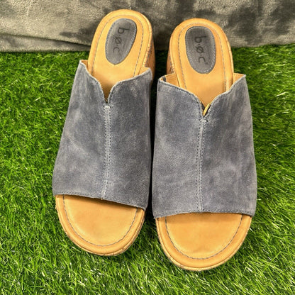 Born BOC Wedge Sandals Womens 10 M Blue Leather Suede Slip On Casual Cork Summer