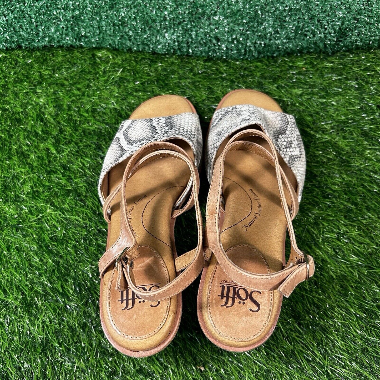 Sofft Piara Sandals Womens 8 M White Brown Leather Snakeskin Ankle Strap Wedge