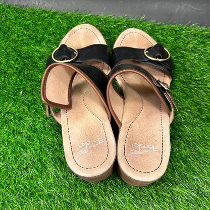 Dansko Lenny Sandals Womens 10.5 Black Brown Leather Double Strap Casual Comfort