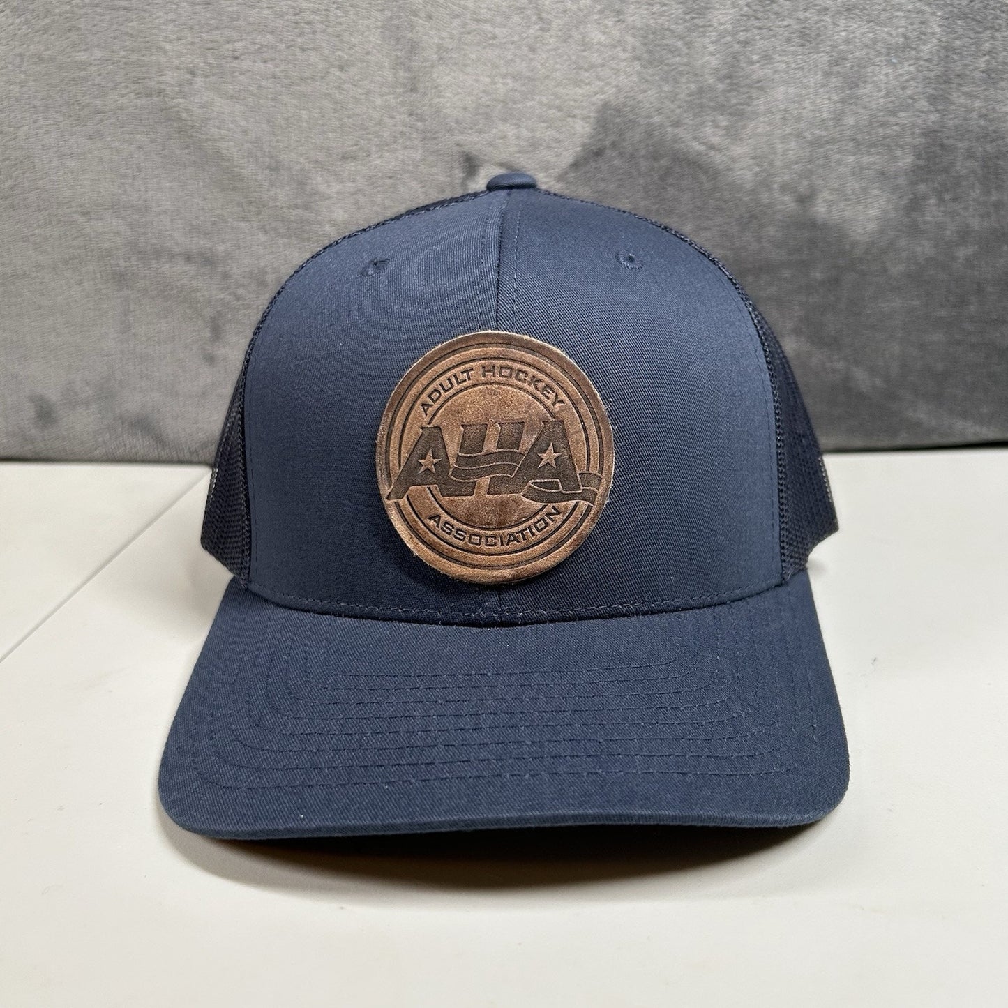Adult Hockey Association Trucker Hat Cap Men Snapback Navy Leather Patch Yupoong