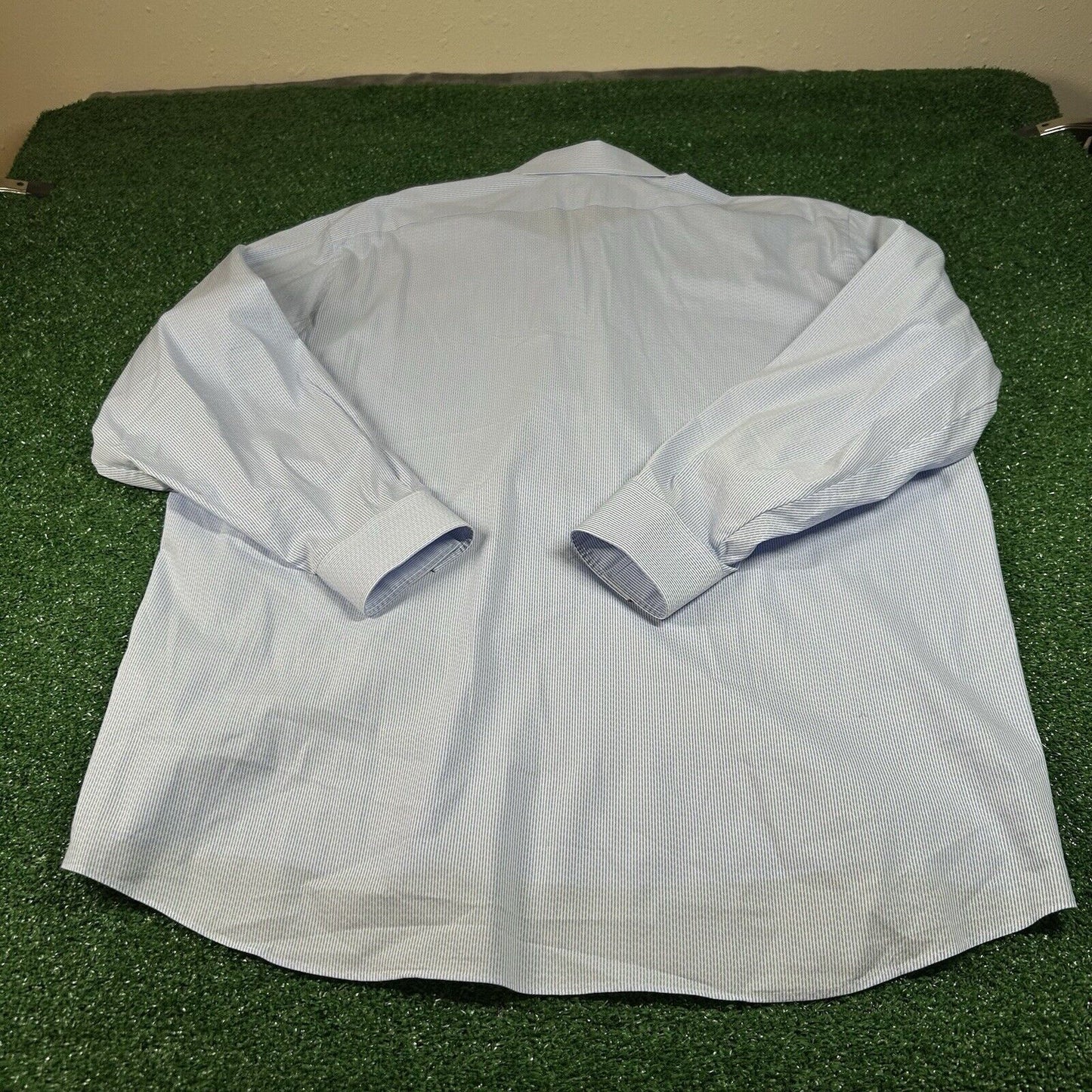 Van Heusen Shirt Men 18.5 34/35 Blue White Striped Stretch Button Up Long Sleeve